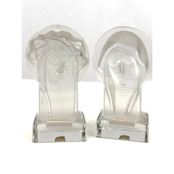 VTG Czech Bohemia Glass Crystal Mary & Jesus Frosted Figures 1970's Set Bookend - Picture 14 of 16